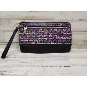 Karl Lagerfeld Double Zip Wristlet Pouch Clutch Bag Plum Black Logo